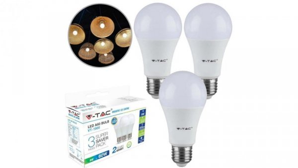 Żarówka LED E27 230V 9W 806lm 4000K IP20 barwa neutralna NW V-TAC VT-1900 3 sztuki