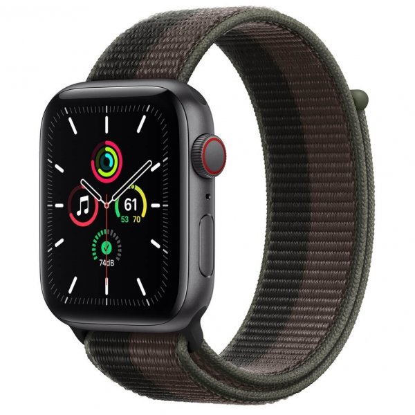 Apple Watch SE 44mm GPS + Cellular Aluminium w kolorze gwiezdnej szarości z opaską sportową w kolorze tornada/szarym