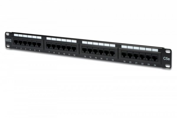 Digitus Patch panel 19&quot; 24 porty, kat.5e, U/UTP, 1U, wspornik kablowy, czarny (kompletny)
