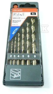 Zestaw wierteł HSS-Co DIN 338 kobaltowych, 6 szt, fi 2-3-4-5-6-8mm Abraboro