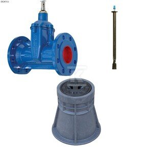 Zasuwa kołnierzowa F5 DN100, długa bez kółka, PN10, GJL + obudowa teleskopowa + skrzynka PEHD ZESTAW DLW511