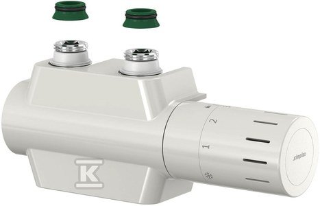 Zestaw termostatyczny VARIODESIGN 3/4 cala z obudową i głowica z przyłączem M30x1,5 biała, podłączenie lewo- lub prawostronne. Do zestawu pasują chromowane złącza F11 lub F3 (nr kat: 11132 11482 11483)