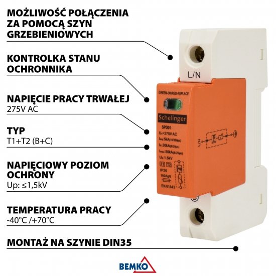 OGRANICZNIK PRZEPIĘĆ 1P 5kA(10/350) KLASA T1+T2 (B+C) SCHELINGER