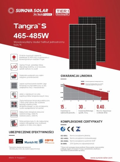 Moduł fotowoltaiczny panel PV 480Wp Sunova SS-480-60MDh(T) Tangra S N-Type Mono Black Frame Czarna Rama
