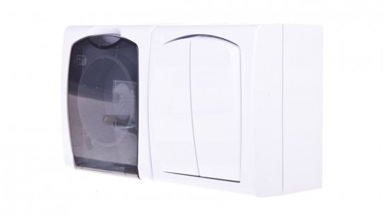 MADERA Łącznik hermetyczny świecznikowy + gniazdo hermetyczne pojedyncze z/u z klapką przezroczystą biały ZH-NŁ2G/00/d