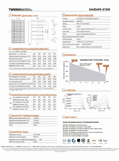 Panel PV 500Wp TWMNH-54HD500 TW Solar 500W N-Type Bifacial Glass-Glass Czarna Rama 