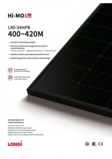 Moduł fotowoltaiczny Panel PV 415Wp Longi Solar LR5-HPB-415M Full Black