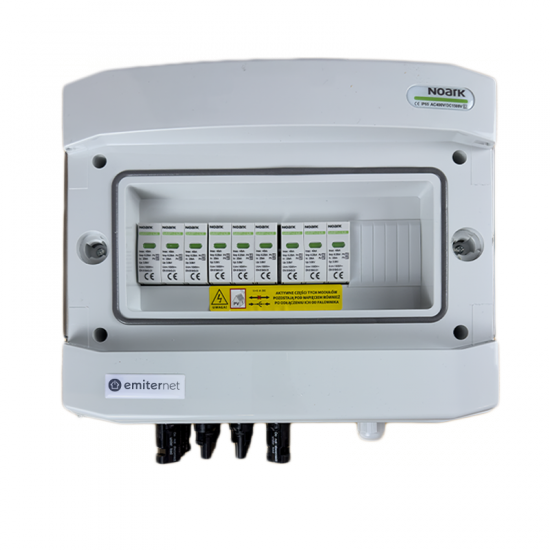 Rozdzielnica przył. DCAC hermetyczna IP65 EMITER z ogranicznikiem przepięć DC Noark 1000V typu 2, 1 x łańcuch PV, 1 x MPPT // ogr. AC Noark typ 2, 10A 1-F, RCD 100mA