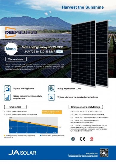 Moduł fotowoltaiczny panel PV 550W JA SOLAR JAM72S30-550/MR_SF Srebrna rama 