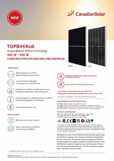 Moduł fotowoltaiczny panel PV 575Wp Canadian Solar CS6W-575TB-AG TopBiHiKu6 N-Type Bifacial SF Srebrna rama