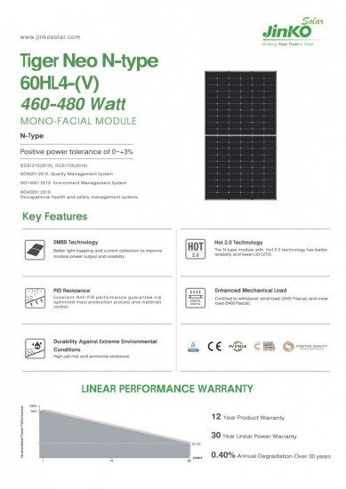 Moduł fotowoltaiczny panel PV 500Wp Jinko Solar JKM500N-60HL4-V BF Tiger Neo N-Type Monofacial Half Cut BF Czarna Rama