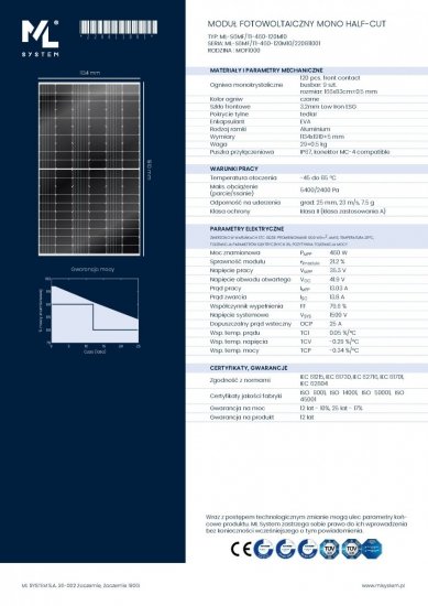 Moduł fotowoltaiczny panel PV ML SYSTEM - Moduł 460 Wp Half Cut Czarna ramka