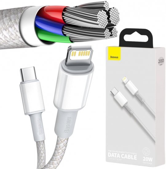 KABEL USB-C -|} Lightning / iPhone Baseus Cafule CATLGD-A02 2m 20W PD Quick Charging BIAŁY W OPLOCIE