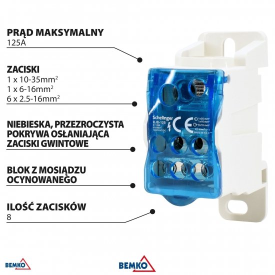 BLOK ROZDZIELCZY 8 ZACISKÓW (IN 1x10-35mm, 1x6-16mm OUT 6x2,5-16mm)