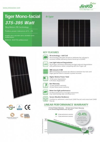 Moduł fotowoltaiczny Panel PV 375Wp JINKO N-TYPE JKM375N-6TL3-V BF N-Type Czarna rama