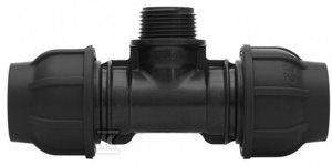 Trójnik zaciskowy PP 90st. 25x1 x25 GZ gwint zewnętrzny PN16, do rur PE, kolor czarny 13112503