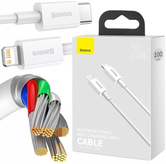 KABEL USB-C -|} Lightning / iPhone Baseus Superior CATLYS-A02 1m 20W PD Quick Charging BIAŁY PREMIUM