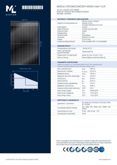 Moduł fotowoltaiczny panel PV ML SYSTEM - Moduł 400 Wp Half Cut FULL BLACK 