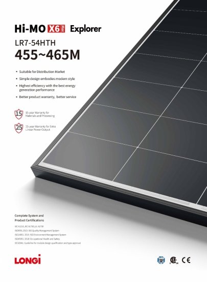 Moduł fotowoltaiczny Panel PV 465Wp Longi Solar LR7-54HTH-465M HI-MO X6Max Explorer Czarna Rama 