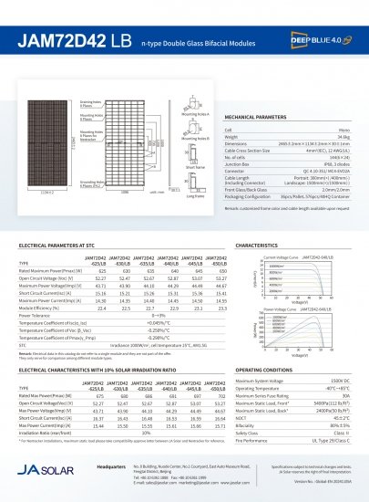 JA SOLAR JAM72D42-645W LB BIFACIAL(N-Type) MC4-EVO2