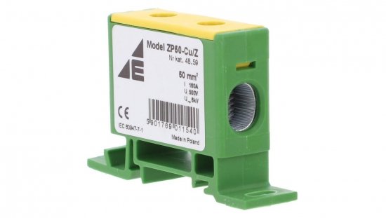 Blok rozdzielczy-odgałęźny 1-polowy CU 16-50mm2 żółto-zielony montaż płaski i na szynę TH ZP50 Cu / z 48.59