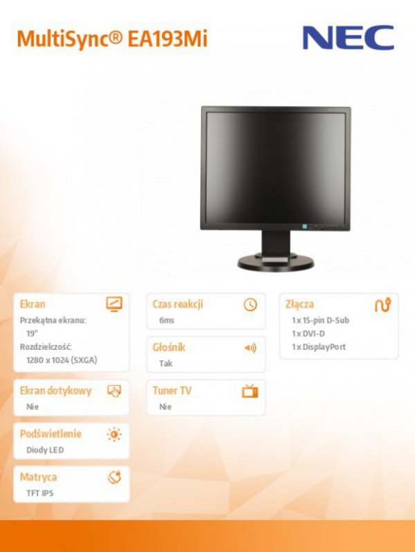 NEC Monitor 19 LCD  EA193Mi bk IPS 6ms 1000:1 DVI-D DisplayPort, 1000:1