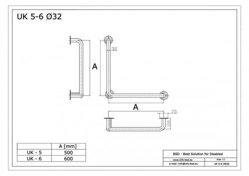 Uchwyt Kątowy dla Niepełnosprawnych 60/60cm biały fi32 + MASKOWNICE