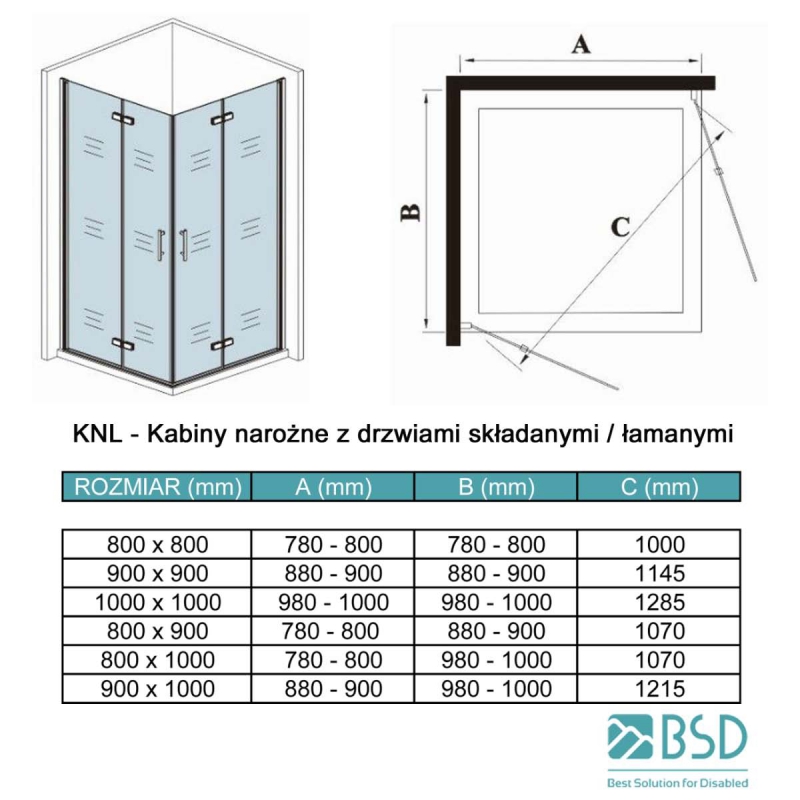 Kabina prysznicowa dla osób Niepełnosprawnych 80x90 cm narożna z drzwiami łamanymi składanymi na ścianę,