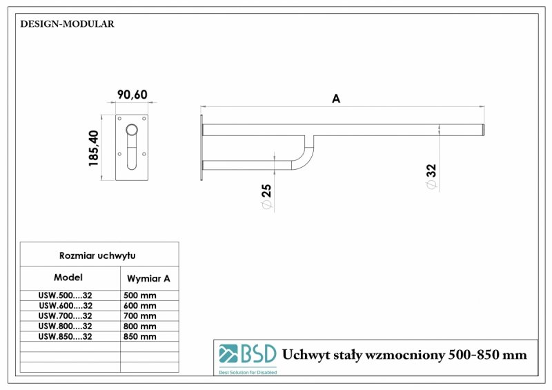 Uchwyt stały 50-85 cm dla niepełnosprawnych stal nierdzewna MODULAR wymiary