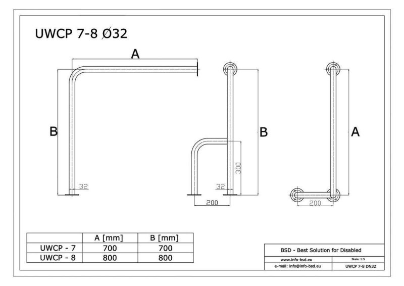 Uchwyt WC dla Niepełnosprawnych mocowany do podłi-ścia prawy 70cm biały fi32 + MASKOWNICE
