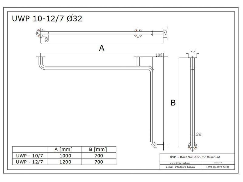 Uchwyt Wannowy dla Niepełnosprawnych poziomo 120/70cm biały fi32 + MASKOWNICE