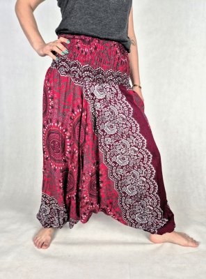 Szarawary damskie z Tajlandii – 100% rayon – Bordowe Mandale &amp; Kwiatowy Ornament
