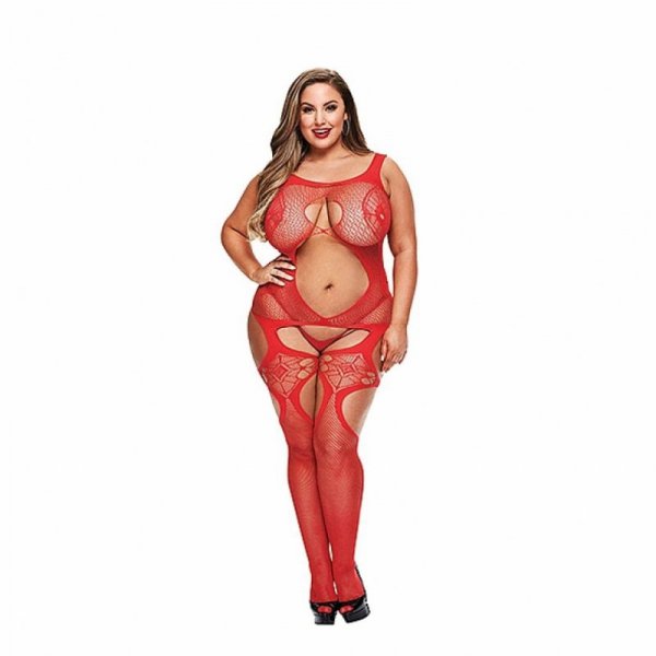 Bodystocking - Lapdance Open Front Lace Bodystocking Red Plus
