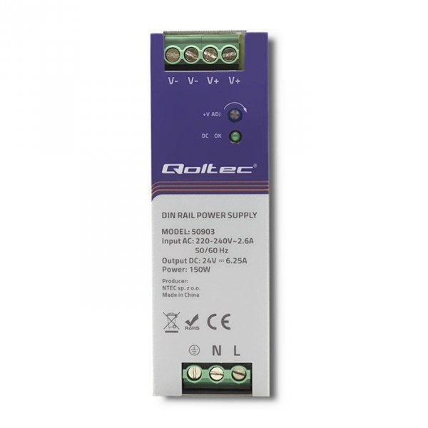 QOLTEC ZASILACZ NA SZYNĘ DIN PRZEMYSŁOWY | 150W | 24V | 6.25A