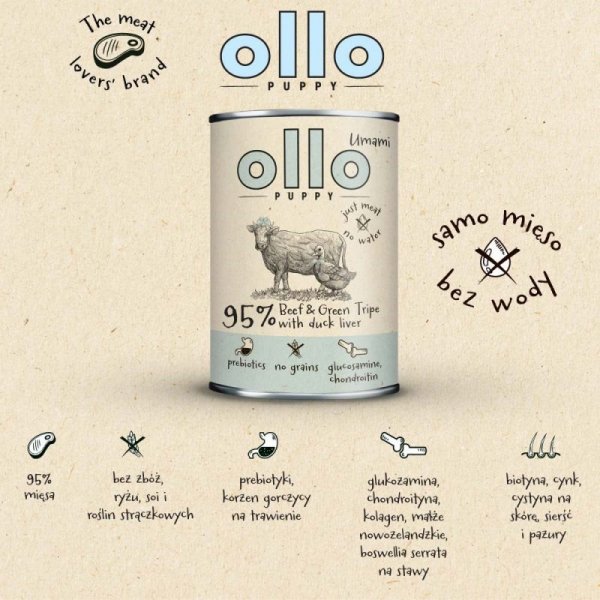 Ollo Puppy Umami Woł. żwacze z Kaczą Wątrobą 400g