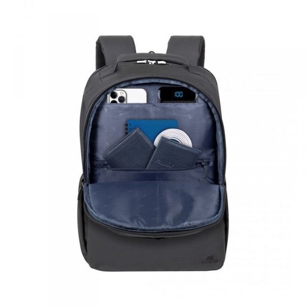 RIVACASE PLECAK NA LAPTOP 15,6&quot; TEGEL ECO, CZARNY, MATERIAŁ WODOODPORNY, EKO RPET, KIESZENIE NA SMARTFON, DOKUMENTY,AKCESOR
