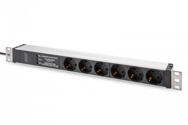 Listwa zasilająca PDU 19&quot; Rack, 6x unischuko, 2.0m, 1x wtyk unischuko, 16A, zab. przepięciowe+filtr