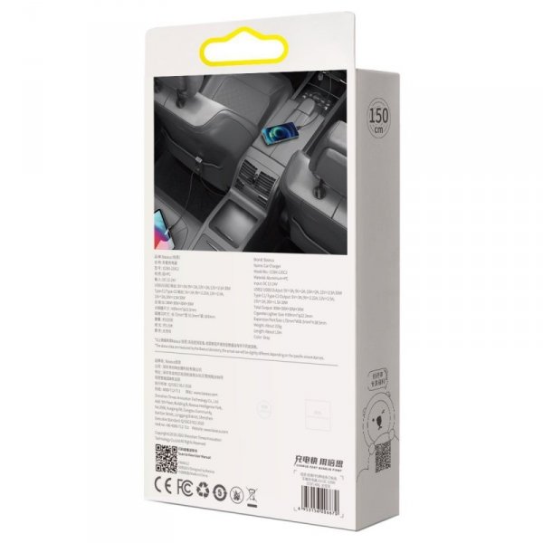 Ładowarka samochodowa Baseus Share Together z przedłużaczem, 2x USB, 2x USB-C, 120W (szara)