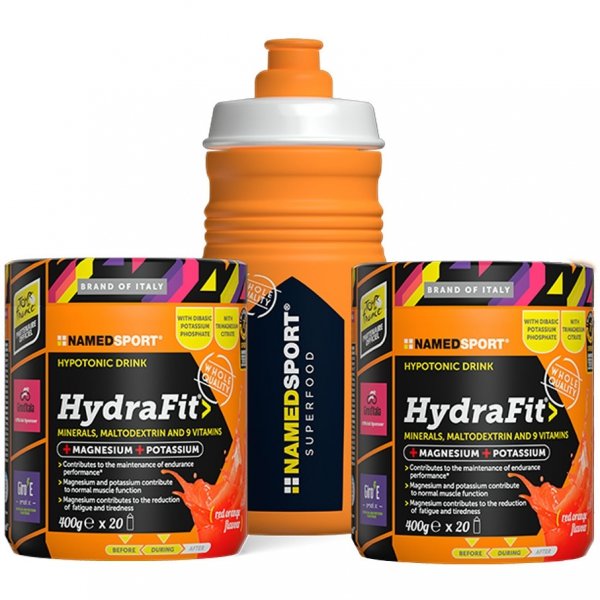 NamedSport HydraFit napój hipotoniczny (czerwona pomarańcza) - zestaw 2x400g plus bidon 500ml