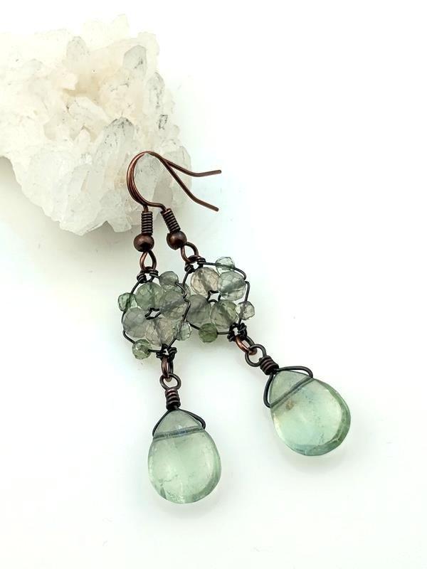 Kolczyki miedziane z fluorytem – kamieniem wzmocnienia i jasności umysłu, lepszego podejmowania decyzji