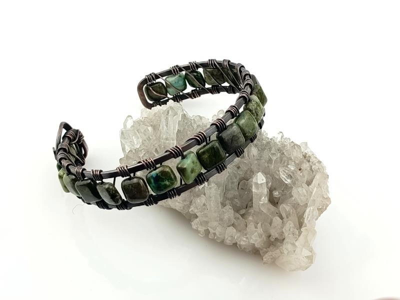 Męska bransoleta miedziana z ryolitem lasu deszczowego, obwód 19 cm, regulowany, waga 24 gramy, rękodzieło