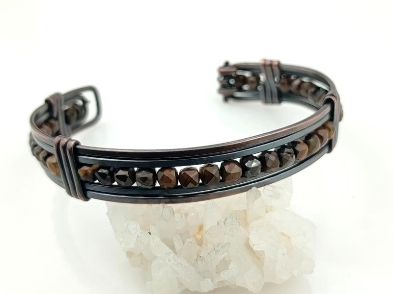 Męska bransoleta miedź z tygrysim okiem – kamieniem witalności, siły, uczciwości