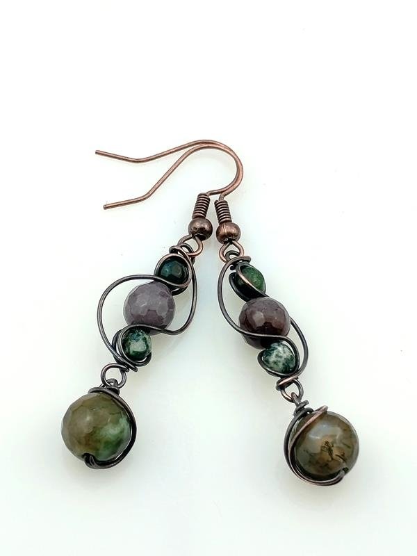 Kolczyki miedziane z agatem indyjskim dla ekologa, rolnika, florysty, zielarza