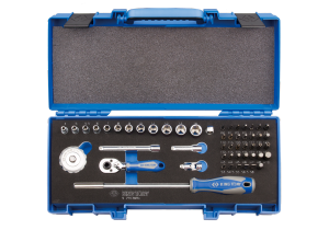 ZESTAW NARZĘDZI 1/4 53cz. NASADKI KRÓTKIE, 6-kąt. 4 - 14mm, HEX, TORX, PH, PZ, PŁASKIE, Z GRZECHOTKĄ I AKCESORIAMI, WALIZK