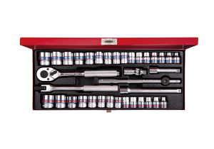 ZESTAW NASADEK 3/8 CALOWE I METRYCZNE 36cz. KRÓTKIE, 12-kąt. 6 - 22mm, 1/4 - 13/16 Z GRZECHOTKĄ I AKCESORIAMI, KASET