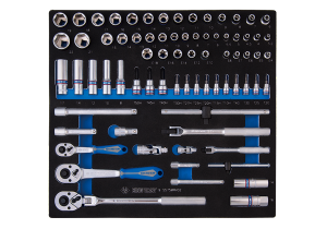 ZESTAW NASADEK 1/4 + 3/8 75cz. KRÓTKIE/DŁUGIE, 6-kąt. 3.2 - 22mm Z AKCESORIAMI, WKŁAD Z PIANKI EVA DO WÓZKA King Ton