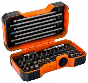 Zestaw bitów 54 szt. sześciokątne, płaskie, Phillips, Pozidriv, Robertson, TORX z otworem, kolorowe TORX BAHCO