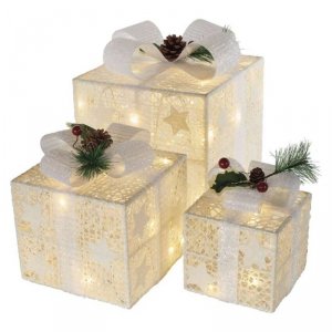 Dekoracje - 60 LED prezenty z dekoracją 11/13,5/20 cm złote, zimna biel, IP44