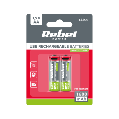 Akumulatorki REBEL AA, 1600 mAh, Li-ion,1,5V, 2szt/bl , R6 , gniazdo typ C
