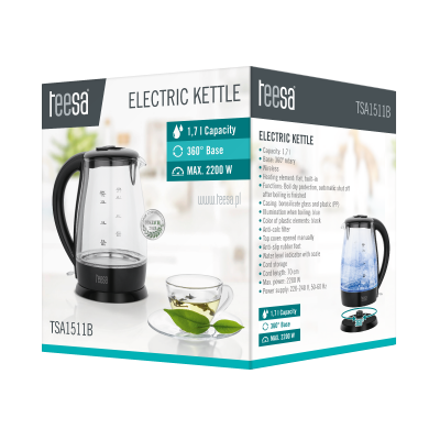 Czajnik elektryczny TEESA, szklany, 2200 W, czarny, 1,7 L